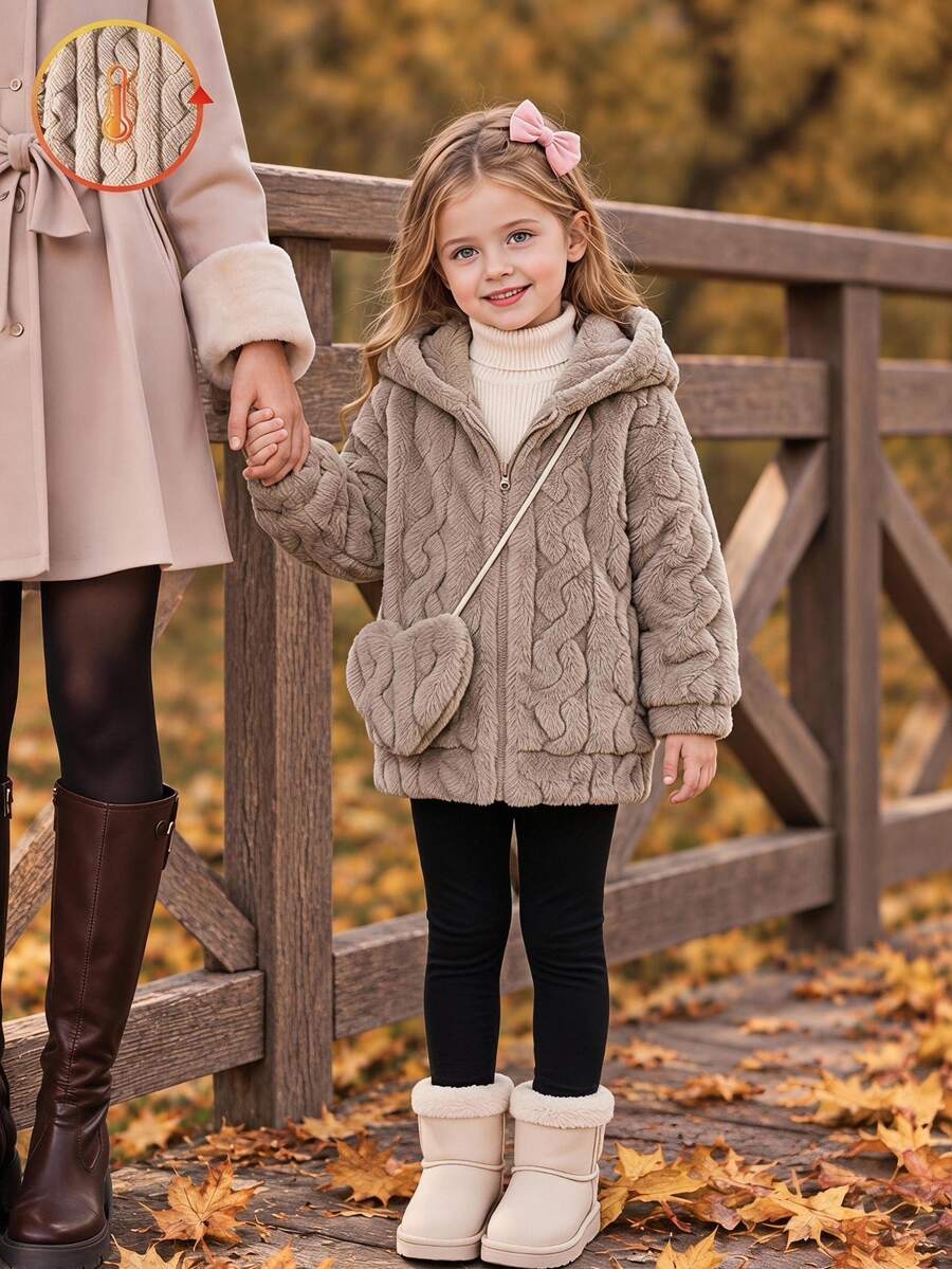 SHEIN YOUNG GIRLS 棕色粗針織抓絨拉鍊連帽外套夾克,附毛絨斜背小包 2 件套長袖上衣,秋季服飾,毛絨加厚 - 卡其色 - 查看 1