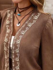 Brillora 女款花卉刺繡開襟長袖標準版型外套，適合度假穿著 - 棕色 - 查看 8