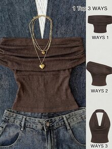 Tween Girl Coffee Brown Textured Knit Fitted Top,Summer Casual City Break Fashionable Asymmetrical Shoulder High Neck Off-Shoulder Versatile Tank - Brown - View 3