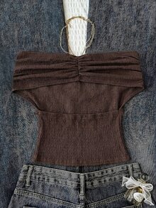 Tween Girl Coffee Brown Textured Knit Fitted Top,Summer Casual City Break Fashionable Asymmetrical Shoulder High Neck Off-Shoulder Versatile Tank - Brown - View 2