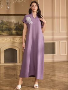 Al Najma 刺繡領花卉鏤空肩袖立領優雅端莊套裝連身裙 Kaftan Jalabiya 家庭正式白色冬季款 - 紫色 - 查看 4