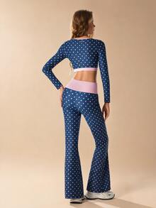 VARSIVA Women's Navy Blue Polka Dot Colorblock Long Sleeve Top And Leggings Casual Sporty Cute Daily Sports Set Gym Pilates Fall - Multicolor - View 4