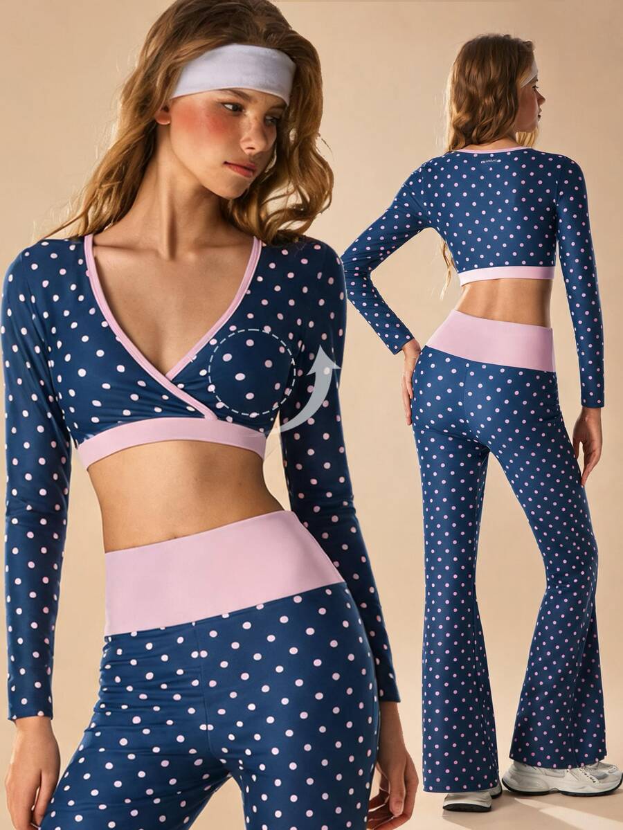 VARSIVA Women's Navy Blue Polka Dot Colorblock Long Sleeve Top And Leggings Casual Sporty Cute Daily Sports Set Gym Pilates Fall - Multicolor - View 1
