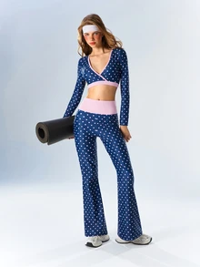 VARSIVA Women's Navy Blue Polka Dot Colorblock Long Sleeve Top And Leggings Casual Sporty Cute Daily Sports Set Gym Pilates Fall - Multicolor - View 9
