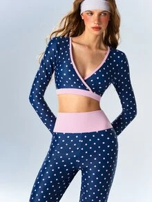 VARSIVA Women's Navy Blue Polka Dot Colorblock Long Sleeve Top And Leggings Casual Sporty Cute Daily Sports Set Gym Pilates Fall - Multicolor - View 11