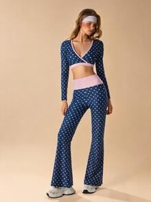 VARSIVA Women's Navy Blue Polka Dot Colorblock Long Sleeve Top And Leggings Casual Sporty Cute Daily Sports Set Gym Pilates Fall - Multicolor - View 6