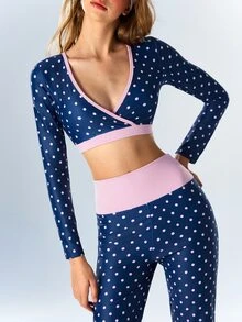 VARSIVA Women's Navy Blue Polka Dot Colorblock Long Sleeve Top And Leggings Casual Sporty Cute Daily Sports Set Gym Pilates Fall - Multicolor - View 7