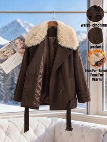 SHEIN Clasi Plus Size Women's Patchwork Fur Collar Long Sleeve Pocket Casual Wool Blend Jacket Winter - Coffee Brown - View 1