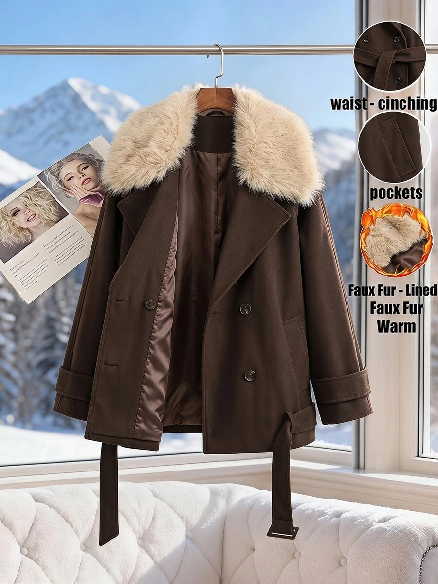 SHEIN Clasi Plus Size Women's Patchwork Fur Collar Long Sleeve Pocket Casual Wool Blend Jacket Winter - Coffee Brown - View 1
