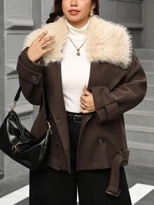 SHEIN Clasi Plus Size Women's Patchwork Fur Collar Long Sleeve Pocket Casual Wool Blend Jacket Winter - Coffee Brown - View 4