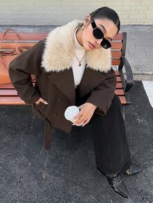 SHEIN Clasi Plus Size Women's Patchwork Fur Collar Long Sleeve Pocket Casual Wool Blend Jacket Winter - Coffee Brown - View 7