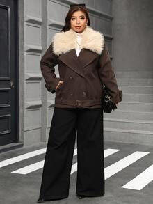 SHEIN Clasi Plus Size Women's Patchwork Fur Collar Long Sleeve Pocket Casual Wool Blend Jacket Winter - Coffee Brown - View 8
