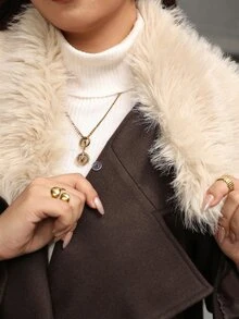 SHEIN Clasi Plus Size Women's Patchwork Fur Collar Long Sleeve Pocket Casual Wool Blend Jacket Winter - Coffee Brown - View 2