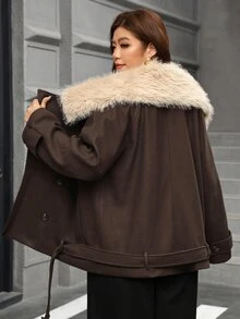 SHEIN Clasi Plus Size Women's Patchwork Fur Collar Long Sleeve Pocket Casual Wool Blend Jacket Winter - Coffee Brown - View 3