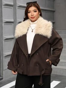 SHEIN Clasi Plus Size Women's Patchwork Fur Collar Long Sleeve Pocket Casual Wool Blend Jacket Winter - Coffee Brown - View 5