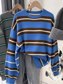 SHEIN LUNE Women's Striped Crew Neck Sweatshirt, Blue And Yellow Color Block, Loose Fit Pullover, Suitable For Fall, Daily Commute School Everyday Casual Wear - White - View 1