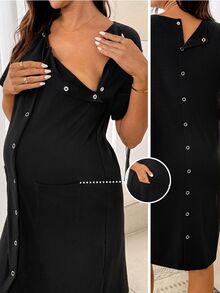 SHEIN Raglan Short Sleeve Single-Breasted Pocket Design Clothing,Pajama,Pajama Dress,Loungewear ,Sleepwear - Black - View 4