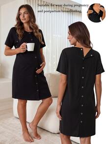 SHEIN Raglan Short Sleeve Single-Breasted Pocket Design Clothing,Pajama,Pajama Dress,Loungewear ,Sleepwear - Black - View 1