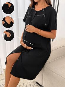 SHEIN Raglan Short Sleeve Single-Breasted Pocket Design Clothing,Pajama,Pajama Dress,Loungewear ,Sleepwear - Black - View 5