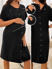 SHEIN Raglan Short Sleeve Single-Breasted Pocket Design Clothing,Pajama,Pajama Dress,Loungewear ,Sleepwear - Black - View 2