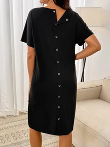 SHEIN Raglan Short Sleeve Single-Breasted Pocket Design Clothing,Pajama,Pajama Dress,Loungewear ,Sleepwear - Black - View 3