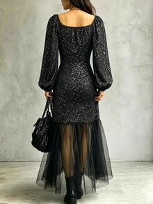 SHEIN Women's Contrast Lace Sweetheart Neckline Lantern Sleeve Mesh Hem Elegant Midi Dress - Black - View 2