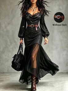 SHEIN Women's Contrast Lace Sweetheart Neckline Lantern Sleeve Mesh Hem Elegant Midi Dress - Black - View 1