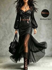 SHEIN Women's Contrast Lace Sweetheart Neckline Lantern Sleeve Mesh Hem Elegant Midi Dress - Black - View 6