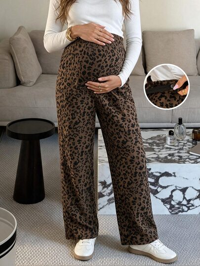 SHEIN Pantaloni lunghi casual da maternità con stampa leopardata e vita regolabile per uso quotidiano in autunno