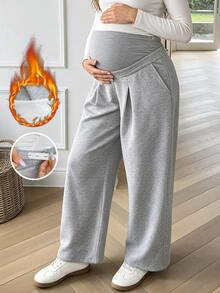 SHEIN Maternity Solid Color Casual Sweatpants For Daily Wear - Light Grey - View 3