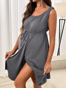 SHEIN Women's Summer Basic Drawstring Waist Sleeveless Dress Lingerie Set Underwear Women Pajama Loungewear Nightgown Robe Sleepwear Tank Top With Bra - Dark Grey - View 5