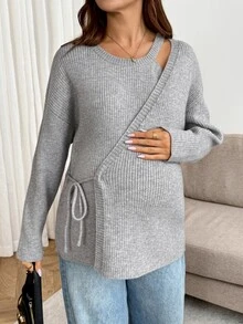 SHEIN Maternity Casual Ribbed Tie-Front Minimalist Long Sleeve Sweater - Grey - View 7