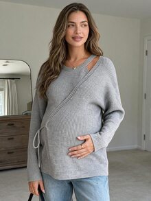 SHEIN Maternity Casual Ribbed Tie-Front Minimalist Long Sleeve Sweater - Grey - View 1