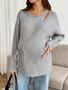 SHEIN Maternity Casual Ribbed Tie-Front Minimalist Long Sleeve Sweater - Grey - View 8