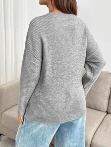 SHEIN Maternity Casual Ribbed Tie-Front Minimalist Long Sleeve Sweater - Grey - View 6