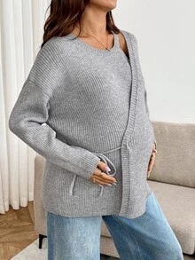SHEIN Maternity Casual Ribbed Tie-Front Minimalist Long Sleeve Sweater - Grey - View 4