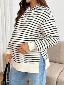 SHEIN Maternity Striped Casual Everyday Sweatshirt Winter - Black and White - View 7
