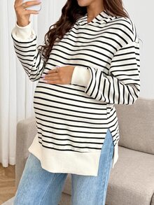 SHEIN Maternity Striped Casual Everyday Sweatshirt Winter - Black and White - View 2