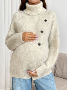 SHEIN Maternity Solid Color Casual Daily Long Sleeve Sweater - Apricot - View 2