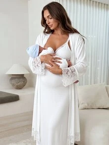 SHEIN Solid Color Lace Patchwork Camisole Dress With Long Sleeve Nursing Jacket 2 Pieces Set Pregnancy Babyshower Maternity Two Piece Sets White Baby Shower - White - View 1