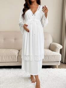 SHEIN Solid Color Lace Patchwork Camisole Dress With Long Sleeve Nursing Jacket 2 Pieces Set Pregnancy Babyshower Maternity Two Piece Sets White Baby Shower - White - View 8