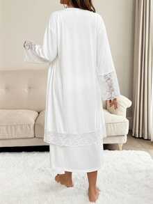 SHEIN Solid Color Lace Patchwork Camisole Dress With Long Sleeve Nursing Jacket 2 Pieces Set Pregnancy Babyshower Maternity Two Piece Sets White Baby Shower - White - View 3