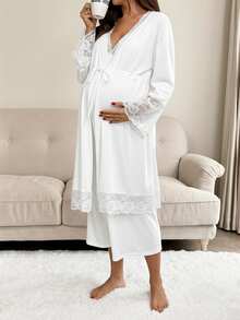 SHEIN Solid Color Lace Patchwork Camisole Dress With Long Sleeve Nursing Jacket 2 Pieces Set Pregnancy Babyshower Maternity Two Piece Sets White Baby Shower - White - View 5