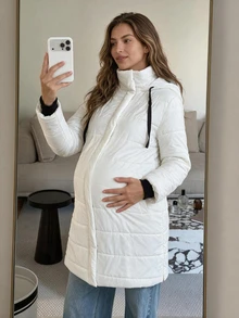 SHEIN Maternity Long Sleeve Colorblock Button & Zipper Design Hooded 3-In-1 Jacket Fall - Black and White - View 2
