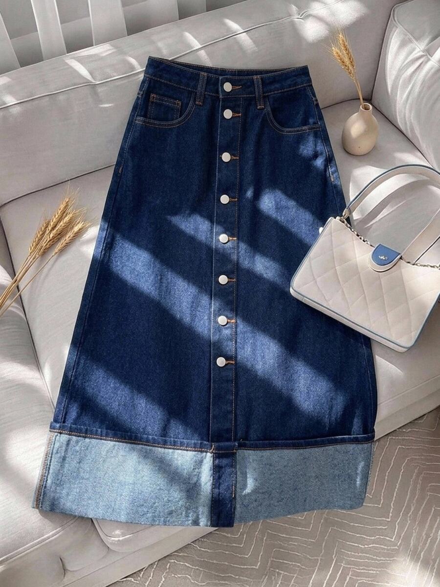 SHEIN MOD 女款秋季休閒 70年代 2000年代復古深藍色拼色拼接牛仔中長裙 高腰鈕扣 A字牛仔裙 日常穿搭 - 藍色 - 查看 1