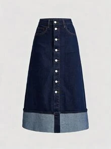 SHEIN MOD 女款秋季休閒 70年代 2000年代復古深藍色拼色拼接牛仔中長裙 高腰鈕扣 A字牛仔裙 日常穿搭 - 藍色 - 查看 3