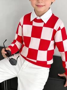 SHEIN 聖誕紅色棋盤格兒童青少年男孩休閒復古卡其色針織毛衣，適合秋冬、學校、家庭聚會、度假、派對，秋季穿搭、冬季穿搭，男孩兒童服飾 - 彩色 - 查看 4