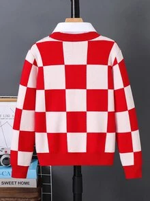 SHEIN 聖誕紅色棋盤格兒童青少年男孩休閒復古卡其色針織毛衣，適合秋冬、學校、家庭聚會、度假、派對，秋季穿搭、冬季穿搭，男孩兒童服飾 - 彩色 - 查看 5