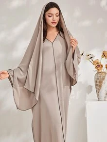 Al Najma Women's Solid Color V-Neck Batwing Sleeve Loose Straight Turkish With Long Sleeve Modest Kaftan Arabian Dress - Khaki - View 3