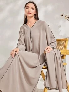 Al Najma Women's Solid Color V-Neck Batwing Sleeve Loose Straight Turkish With Long Sleeve Modest Kaftan Arabian Dress - Khaki - View 8